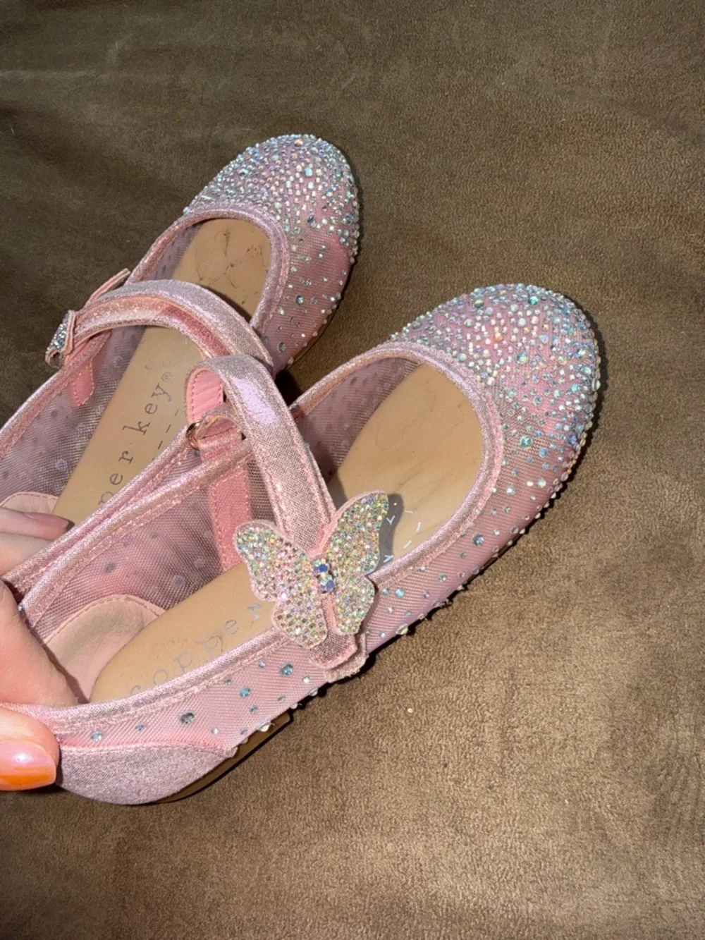 Copper Key Pink Glitter Butterfly Mary Jane Shoes